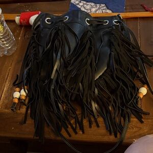 Elegant Leather  Black Fringe Shoulder Bag